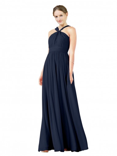 Online Dunkelmarine A-Linien V-Ausschnitt Chiffon Lange Brautjungfernkleider