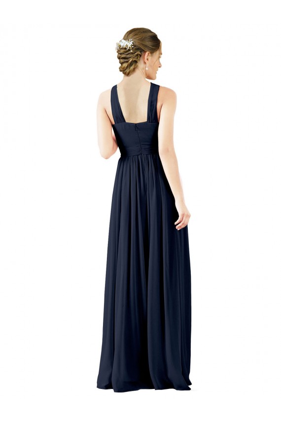 Online Dunkelmarine A-Linien V-Ausschnitt Chiffon Lange Brautjungfernkleider
