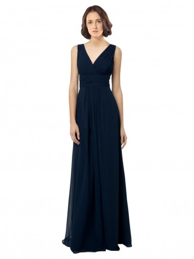 Online Dunkelmarine A-Linien V-Ausschnitt Chiffon Lange Brautjungfernkleider