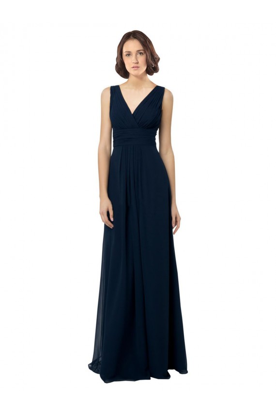 Online Dunkelmarine A-Linien V-Ausschnitt Chiffon Lange Brautjungfernkleider