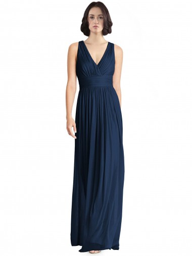 Online Dunkelmarine A-Linien V-Ausschnitt Chiffon Lange Brautjungfernkleider