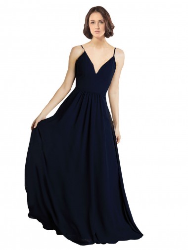 Online Dunkelmarine A-Linien V-Ausschnitt Chiffon Lange Brautjungfernkleider