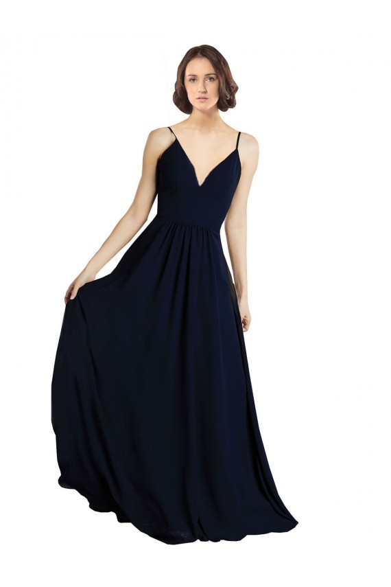 Online Dunkelmarine A-Linien V-Ausschnitt Chiffon Lange Brautjungfernkleider