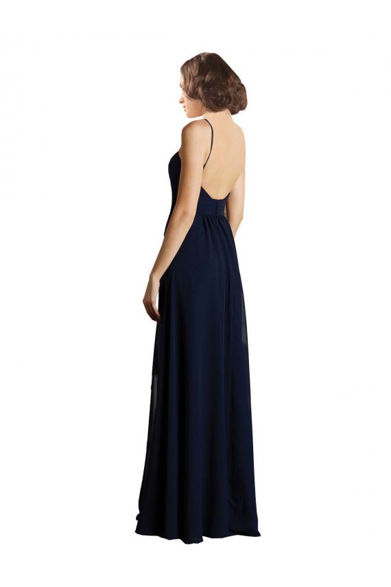 Online Dunkelmarine A-Linien V-Ausschnitt Chiffon Lange Brautjungfernkleider