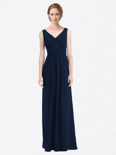 Online Dunkelmarine A-Linien V-Ausschnitt Chiffon Lange Brautjungfernkleider