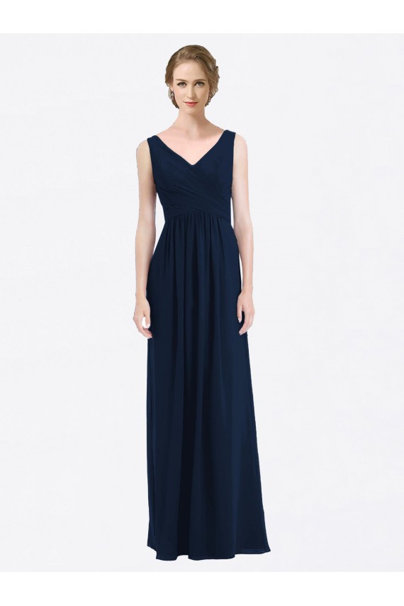 Online Dunkelmarine A-Linien V-Ausschnitt Chiffon Lange Brautjungfernkleider