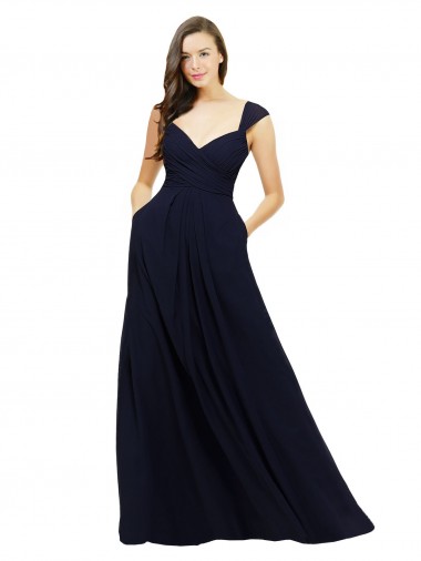 Online Dunkelmarine A-Linien V-Ausschnitt Chiffon Lange Brautjungfernkleider