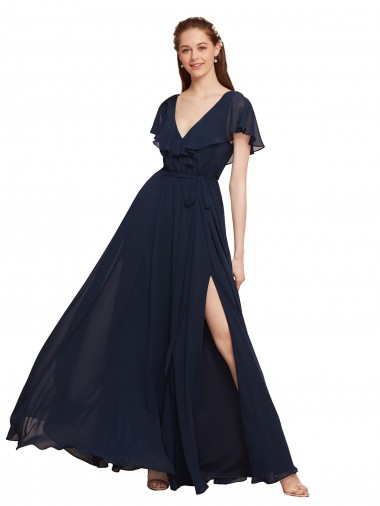 Online Dunkelmarine A-Linien V-Ausschnitt Chiffon Lange Brautjungfernkleider