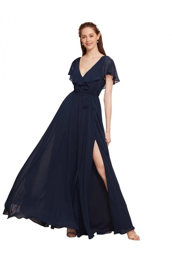 Online Dunkelmarine A-Linien V-Ausschnitt Chiffon Lange Brautjungfernkleider