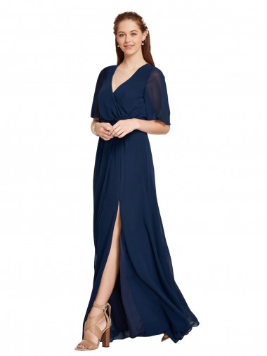 Online Dunkelmarine A-Linien V-Ausschnitt Chiffon Lange Brautjungfernkleider