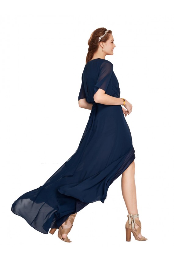 Online Dunkelmarine A-Linien V-Ausschnitt Chiffon Lange Brautjungfernkleider