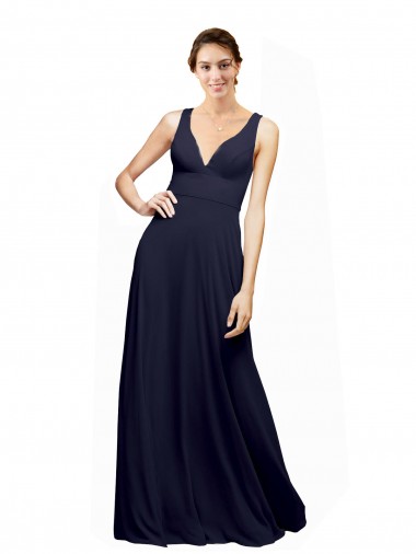 Online Dunkelmarine A-Linien V-Ausschnitt Chiffon Lange Brautjungfernkleider