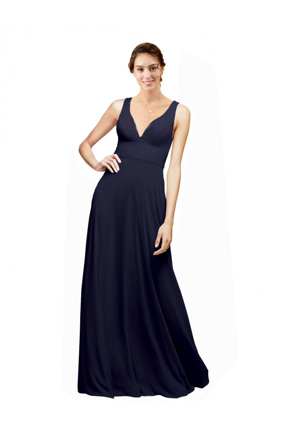 Online Dunkelmarine A-Linien V-Ausschnitt Chiffon Lange Brautjungfernkleider