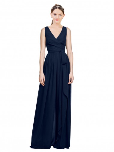 Online Dunkelmarine A-Linien V-Ausschnitt Chiffon Lange Brautjungfernkleider