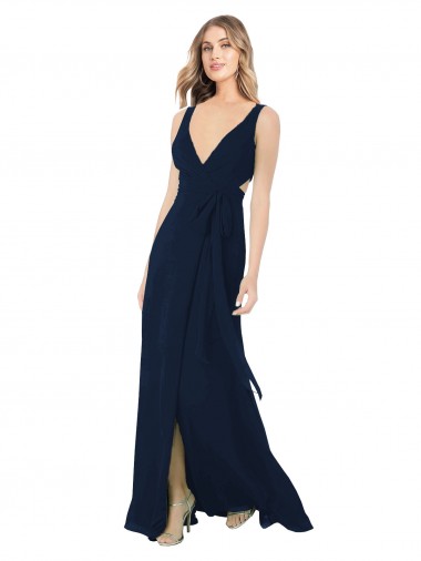 Online Dunkelmarine A-Linien V-Ausschnitt Chiffon Lange Brautjungfernkleider