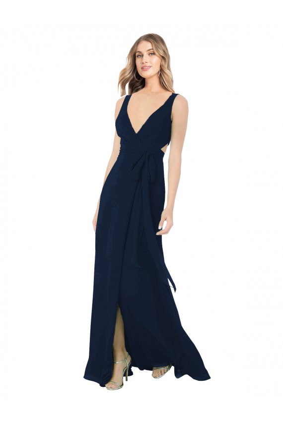 Online Dunkelmarine A-Linien V-Ausschnitt Chiffon Lange Brautjungfernkleider