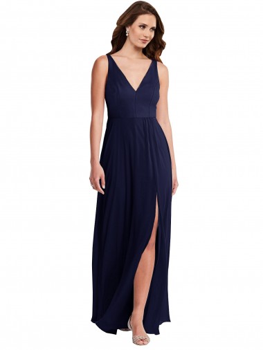 Online Dunkelmarine A-Linien V-Ausschnitt Chiffon Lange Brautjungfernkleider
