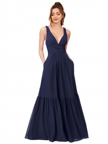 Online Dunkelmarine A-Linien V-Ausschnitt Chiffon Lange Brautjungfernkleider