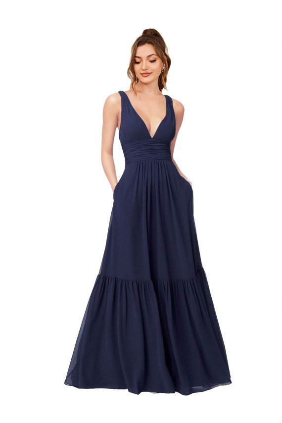 Online Dunkelmarine A-Linien V-Ausschnitt Chiffon Lange Brautjungfernkleider
