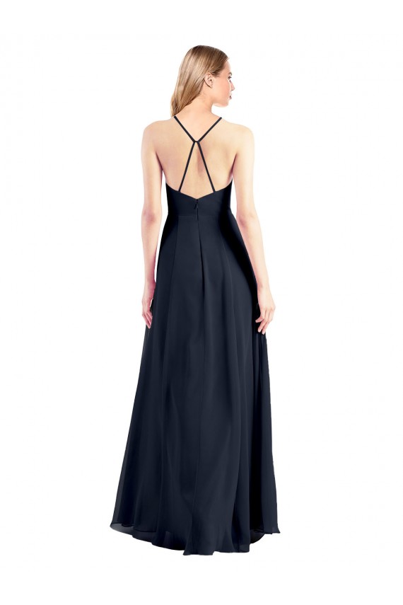 Online Dunkelmarine A-Linien V-Ausschnitt Chiffon Lange Brautjungfernkleider / Abiballkleider