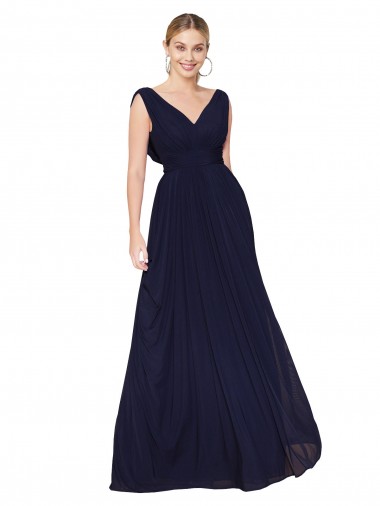 Online Dunkelmarine A-Linien V-Ausschnitt Chiffon Lange Formale Brautjungfernkleider / Abendkleider / Abiballkleider