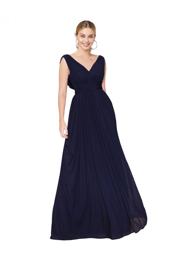 Online Dunkelmarine A-Linien V-Ausschnitt Chiffon Lange Formale Brautjungfernkleider / Abendkleider / Abiballkleider