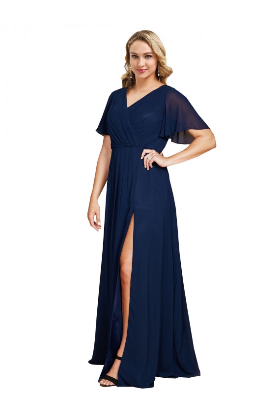 Online Dunkelmarine A-Linien V-Ausschnitt Chiffon Lange Formale Brautjungfernkleider / Abendkleider / Abiballkleider