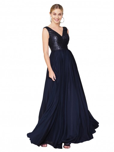 Online Dunkelmarine A-Linien V-Ausschnitt Chiffon Paillette Lange Brautjungfernkleider / Abiballkleider