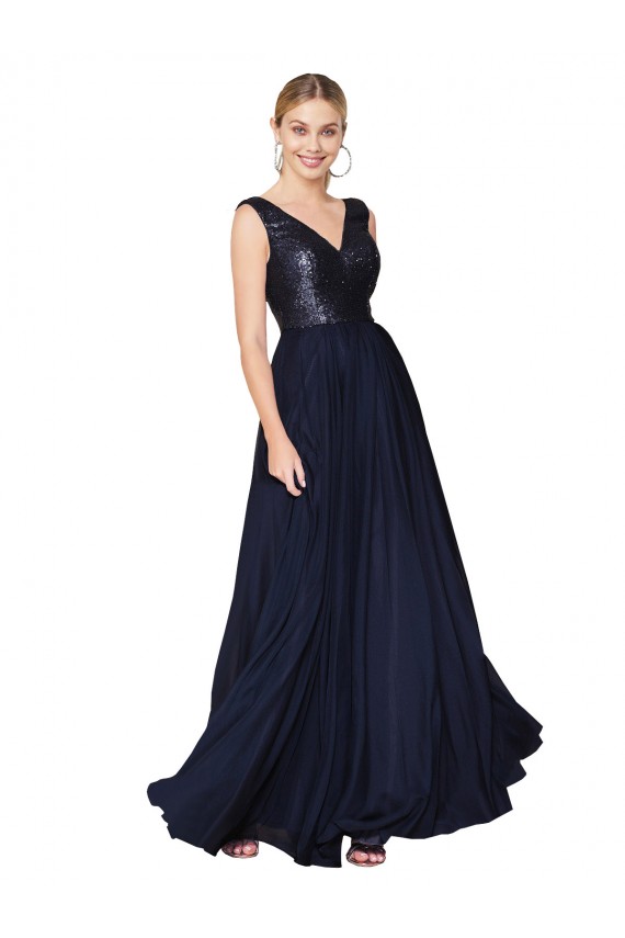 Online Dunkelmarine A-Linien V-Ausschnitt Chiffon Paillette Lange Brautjungfernkleider / Abiballkleider