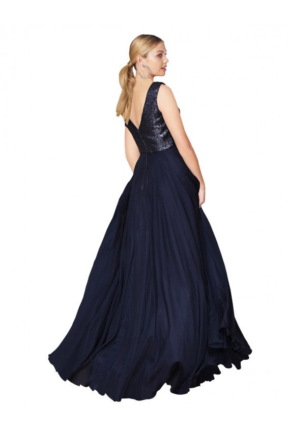 Online Dunkelmarine A-Linien V-Ausschnitt Chiffon Paillette Lange Brautjungfernkleider / Abiballkleider