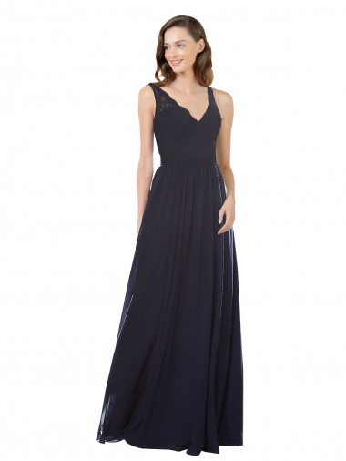 Online Dunkelmarine A-Linien V-Ausschnitt Chiffon Spitze Lange Brautjungfernkleider