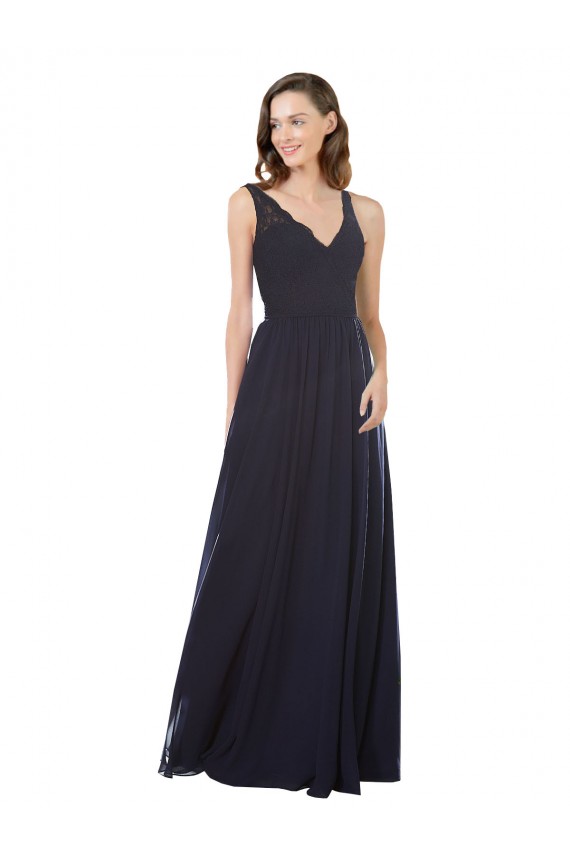 Online Dunkelmarine A-Linien V-Ausschnitt Chiffon Spitze Lange Brautjungfernkleider