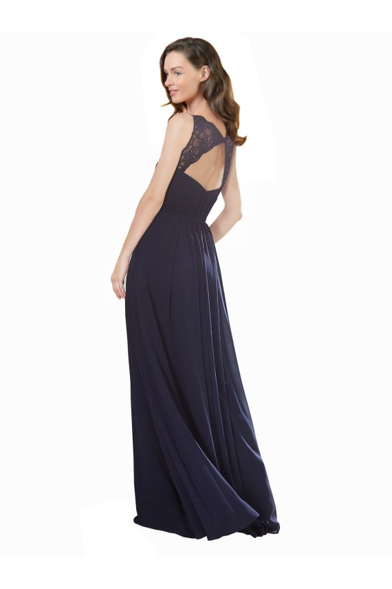 Online Dunkelmarine A-Linien V-Ausschnitt Chiffon Spitze Lange Brautjungfernkleider