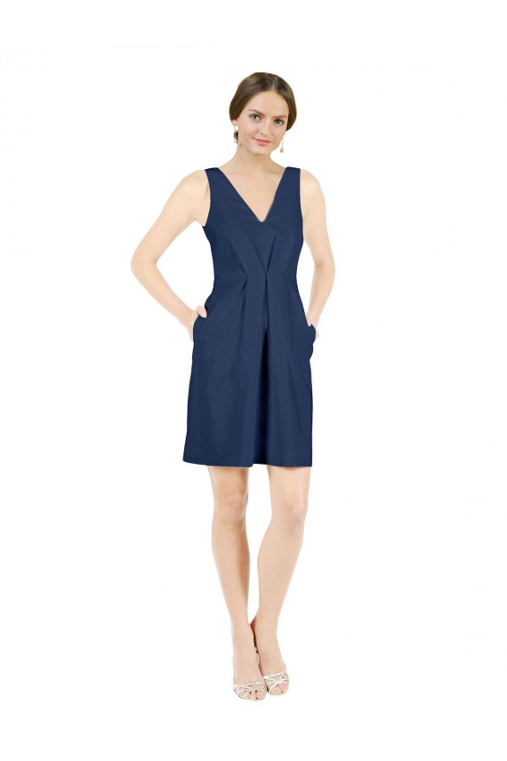 Online Dunkelmarine A-Linien V-Ausschnitt Knielang Satin Kurze Brautjungfernkleider / Cocktailkleider / Heimkehr Kleider