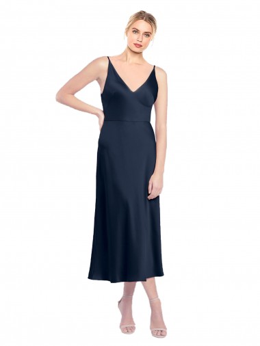 Online Dunkelmarine A-Linien V-Ausschnitt Midi Stretch-Satin Kurze Formale Brautjungfernkleider / Abendkleider / Abiballkleider / Cocktailkleider / Heimkehr Kleider