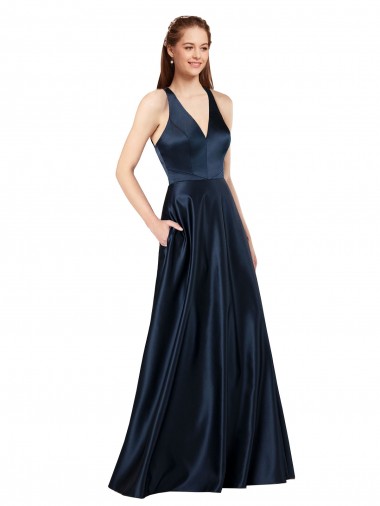 Online Dunkelmarine A-Linien V-Ausschnitt Satin Lange Formale Brautjungfernkleider / Abendkleider / Abiballkleider