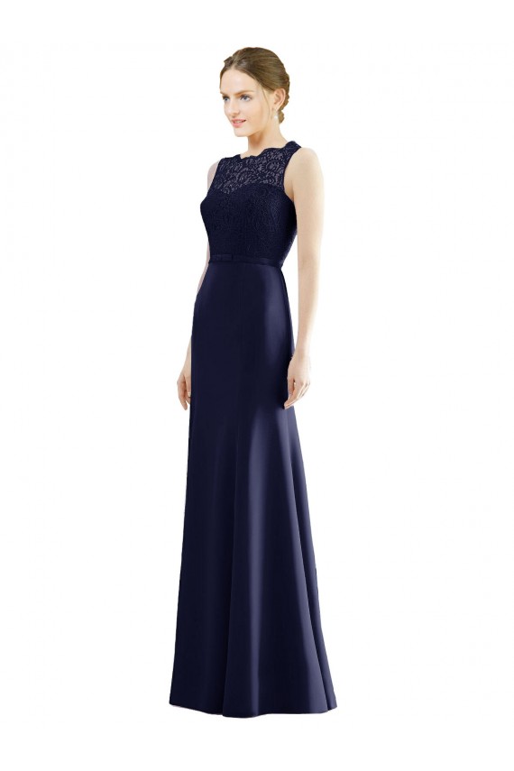 Online Dunkelmarine Meerjungfrau Illusion Ausschnitt Chiffon Spitze Lange Brautjungfernkleider