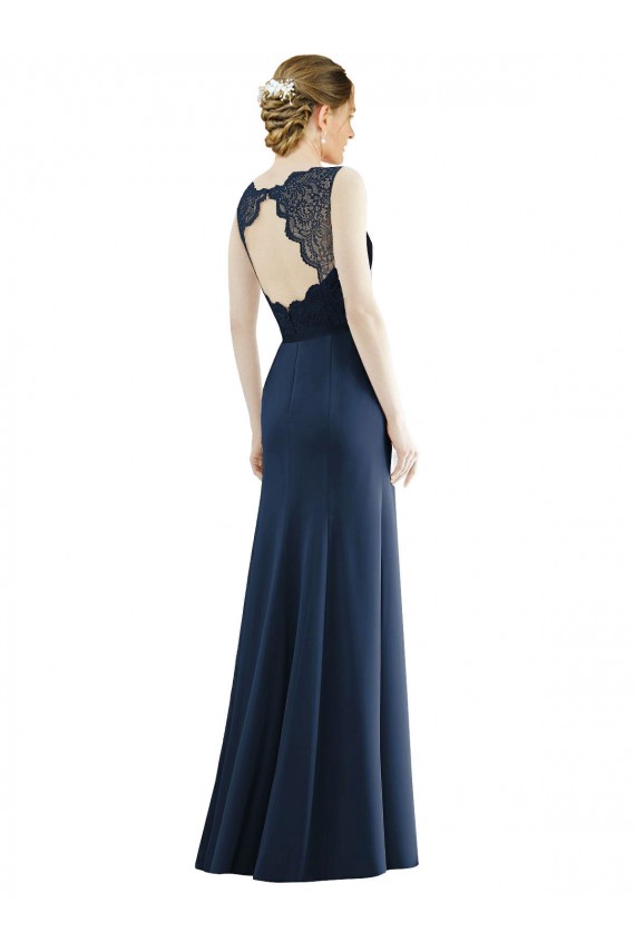 Online Dunkelmarine Meerjungfrau Illusion Ausschnitt Chiffon Spitze Lange Brautjungfernkleider