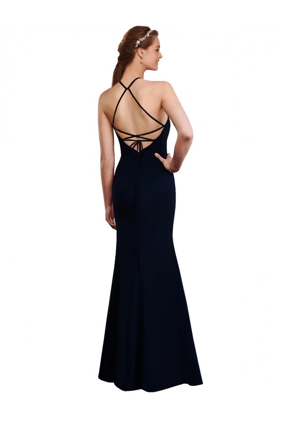 Online Dunkelmarine Meerjungfrau Neckholder Chiffon Lange Brautjungfernkleider