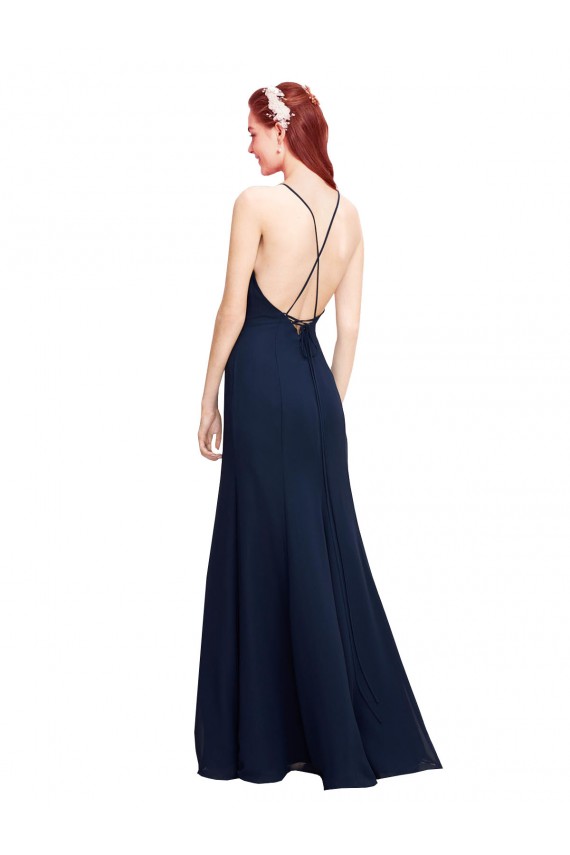 Online Dunkelmarine Meerjungfrau Neckholder Stehkragen Ausschnitt Chiffon Lange Brautjungfernkleider / Abiballkleider