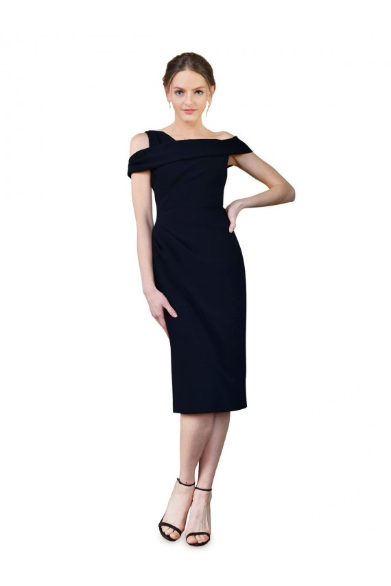 Online Dunkelmarine Meerjungfrau Off-Schulter Wadenlang Cocktail Strech-Krepp Kurze Formale Brautjungfernkleider / Abendkleider / Abiballkleider / Cocktailkleider / Heimkehr Kleider