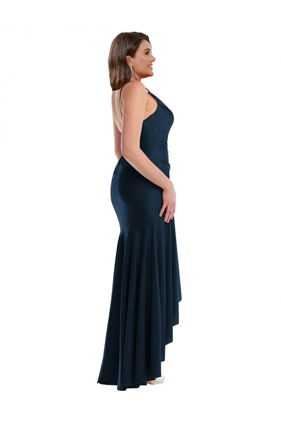 Online Dunkelmarine Meerjungfrau Spaghetti-Träger Seidiger Satin Lange Formale Brautjungfernkleider / Abendkleider / Abiballkleider