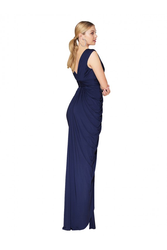 Online Dunkelmarine Meerjungfrau V-Ausschnitt Chiffon Lange Formale Brautjungfernkleider / Abendkleider / Abiballkleider