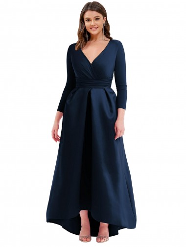 Online Dunkelmarine Prinzessin V-Ausschnitt Elasthan Lange Formale Brautjungfernkleider / Abendkleider / Abiballkleider