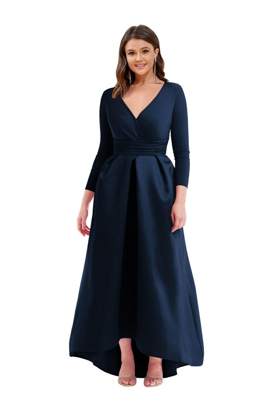Online Dunkelmarine Prinzessin V-Ausschnitt Elasthan Lange Formale Brautjungfernkleider / Abendkleider / Abiballkleider