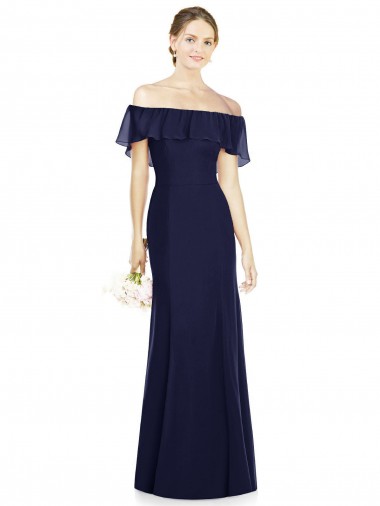 Online Dunkelmarine Trompete Off-Schulter Chiffon Lange Brautjungfernkleider