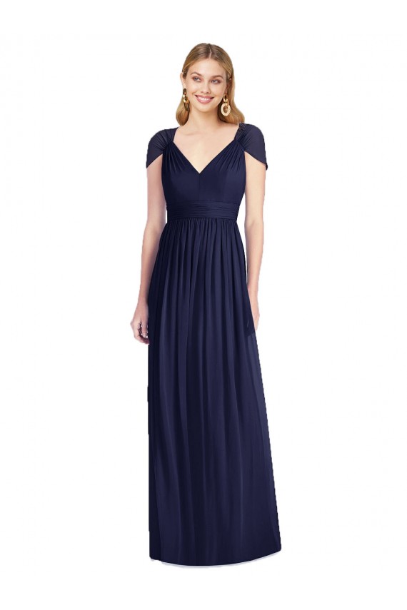 Online Dunkelmarine Trompete V-Ausschnitt Chiffon Lange Brautjungfernkleider