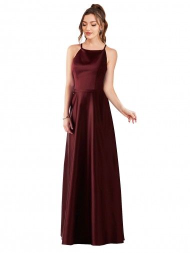 Online Dunkler Burgunder A-Linien Neckholder Satin Lange Brautjungfernkleider / Abiballkleider