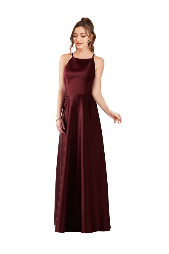 Online Dunkler Burgunder A-Linien Neckholder Satin Lange Brautjungfernkleider / Abiballkleider
