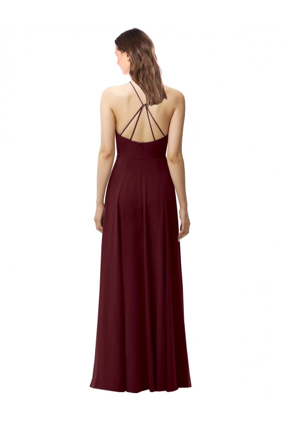 Online Dunkler Burgunder A-Linien Neckholder Stehkragen Ausschnitt Chiffon Lange Brautjungfernkleider